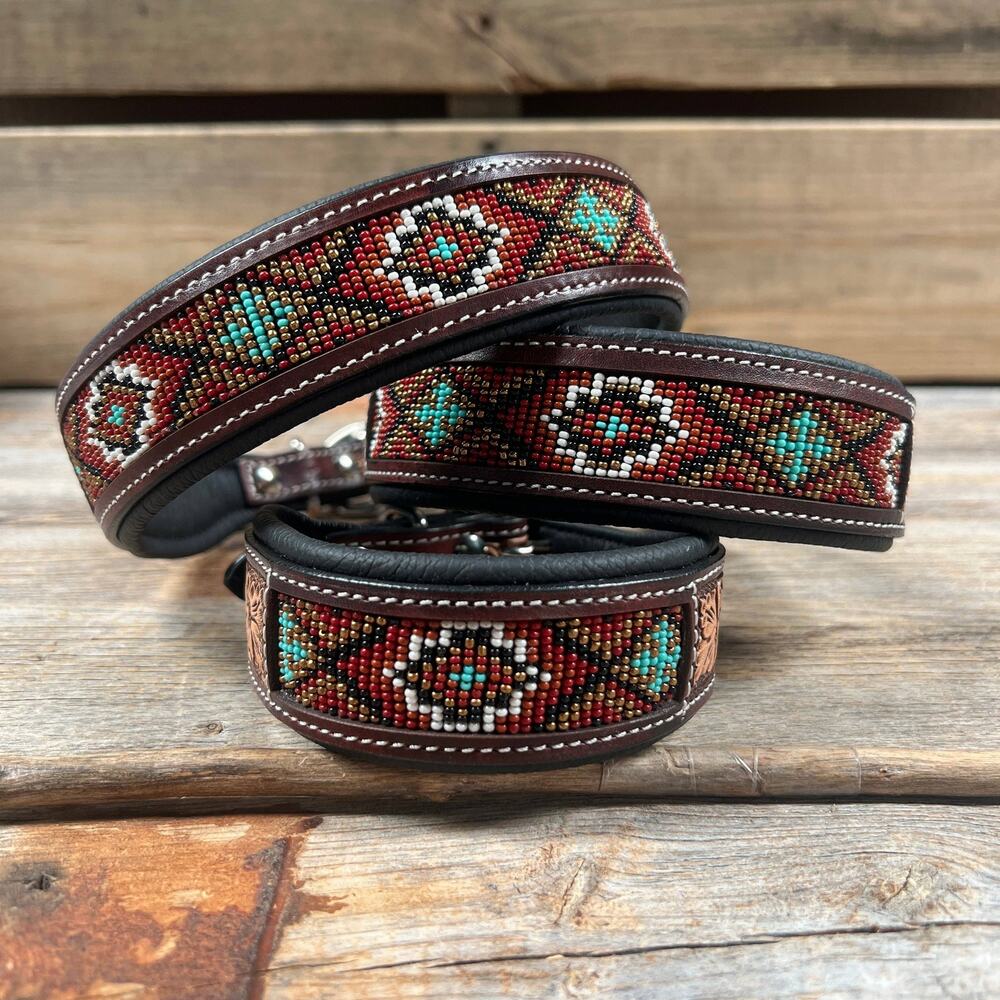 Red and Brown Genuine Leather Beaded Dog Collar Medium